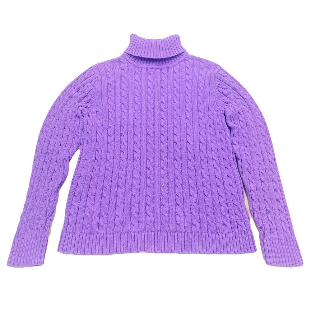 L.L. Bean Cable Knit Turtleneck Sweater Purple Women's Large Fisherman Classic